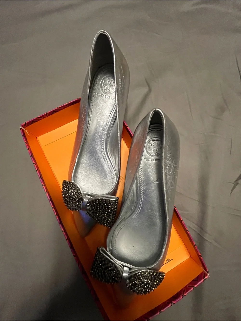 Tory Burch Metallic Silver Pointed Toe Bow Flats with Crystal Bow